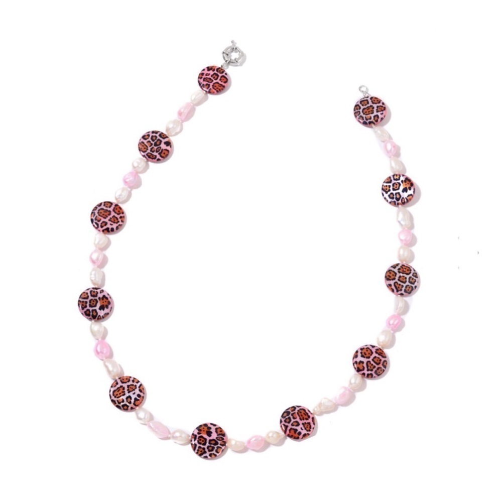 Cheetah Print Beaded, Pink Shell, Freshwater Pearl Necklace